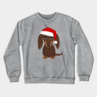 Longhaired Chocolate Dachshund with Santa Hat Cute Dog Christmas Crewneck Sweatshirt